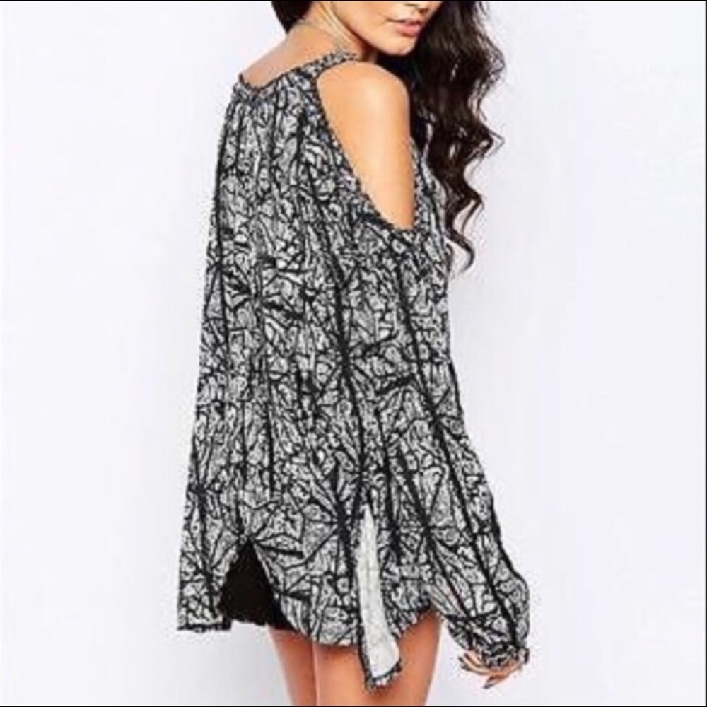 Free People Beaded Black and White Cold-Shoulder Printed Blouse